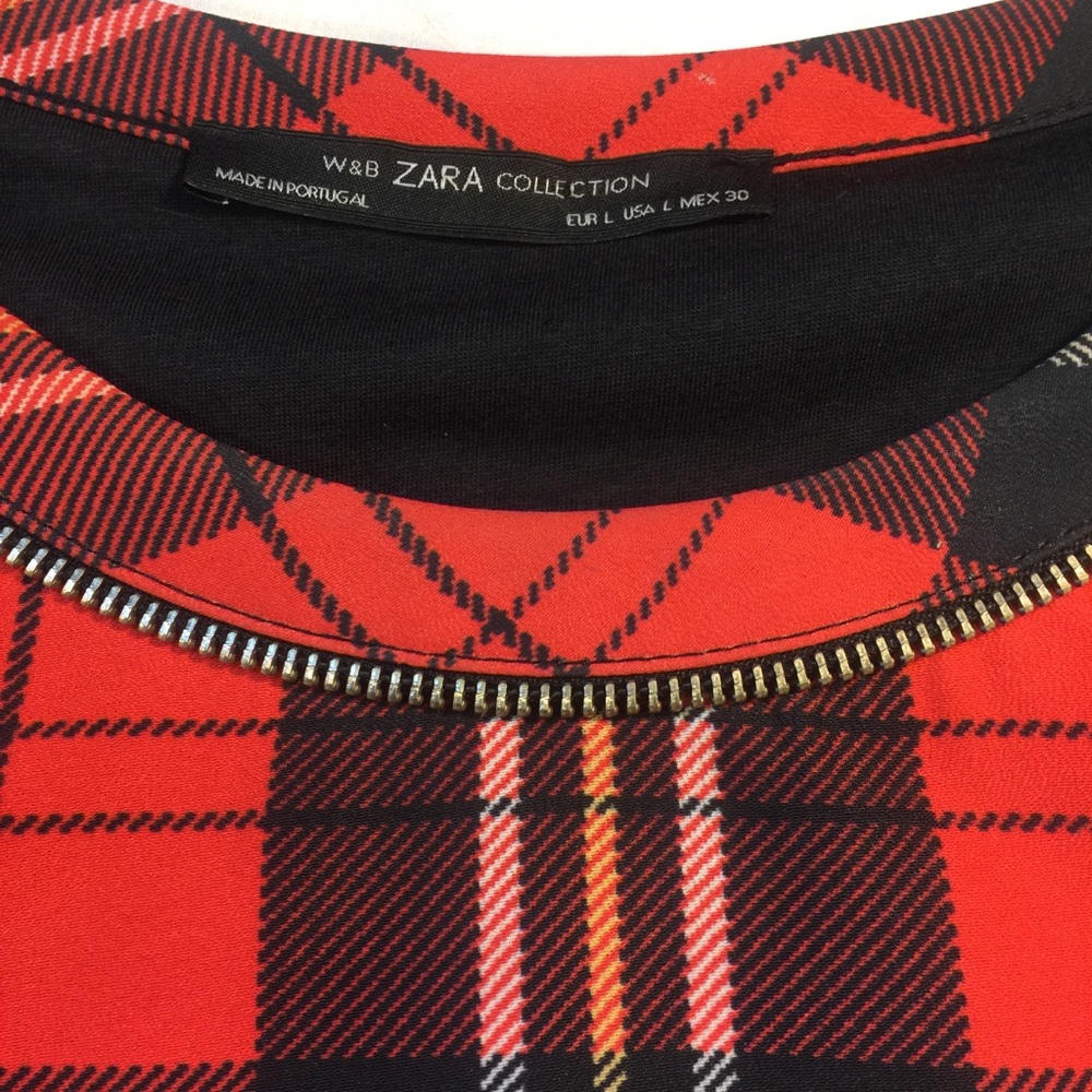 Zara collection red plaid top sz L zipper accents - Picture 2 of 6